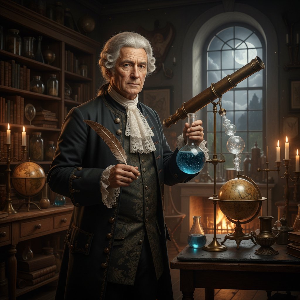 Stary portret lekarza, klasyczne laboratorium, klimat naukowy XVIII wiek