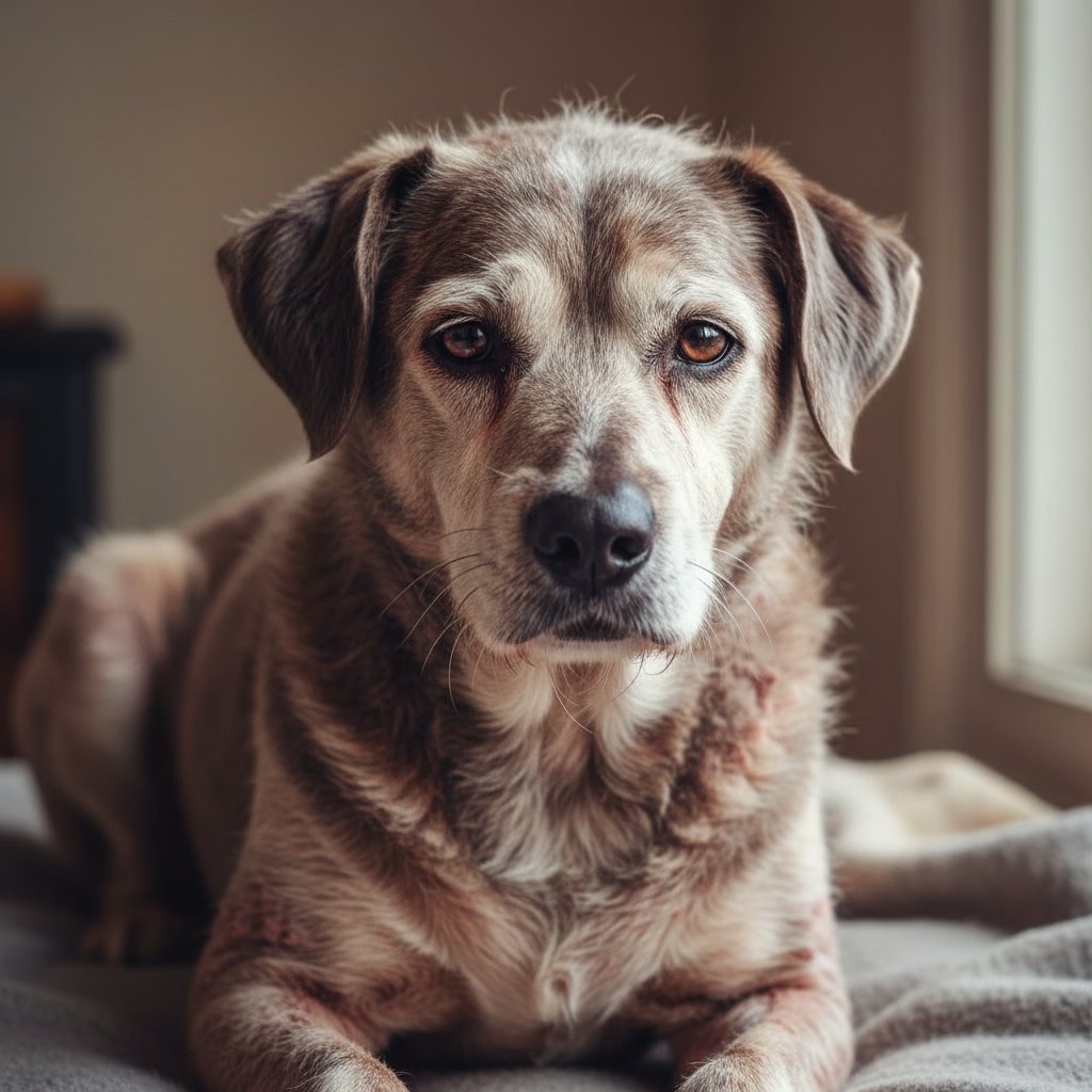 Starszy pies z przewlekłymi zmianami skórnymi, wyraźna łysina i smutek w oczach – przewlekłe choroby skóry u psa