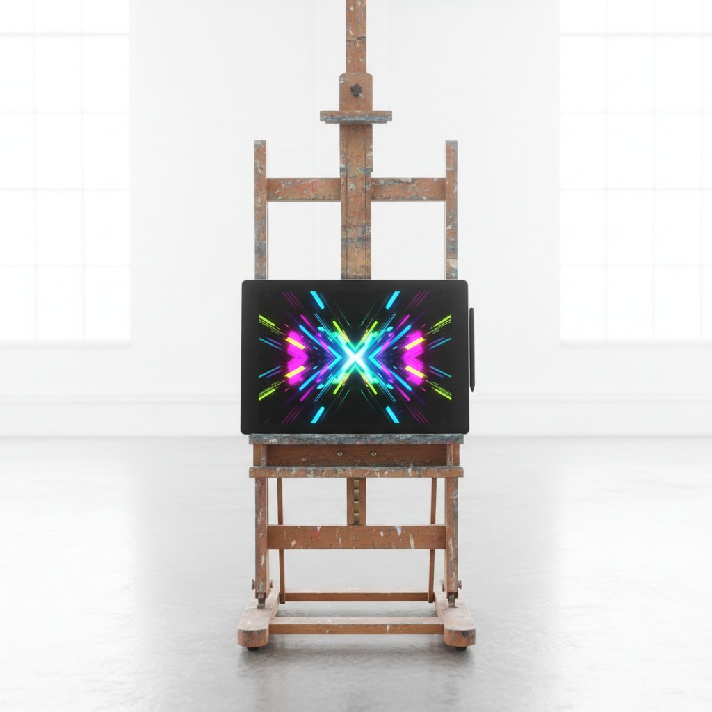 Stare sztalugi w kontraście z nowoczesnym tabletem graficznym na jasnym tle