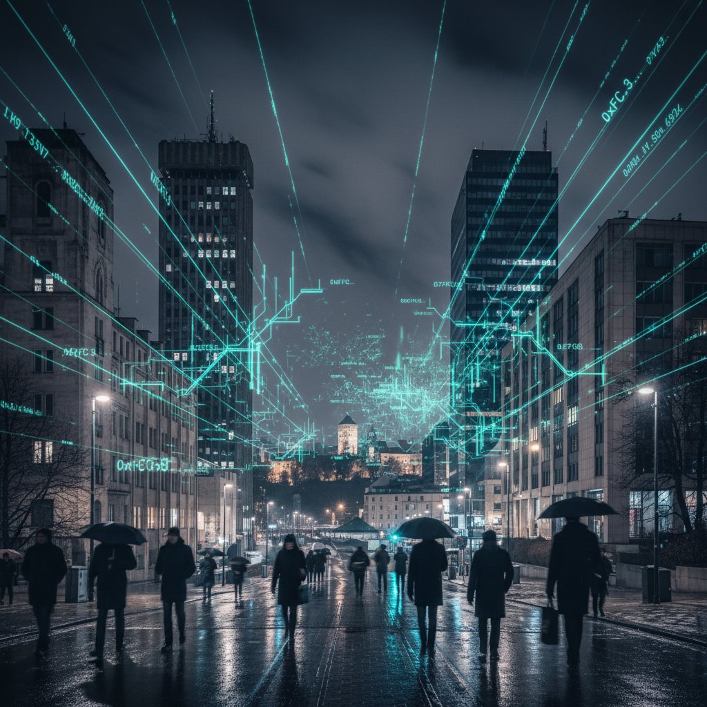 Symboliczny rozłam na stare i nowe: wieżowce starej ekonomii kontra neonowe kody blockchain w polskim mieście