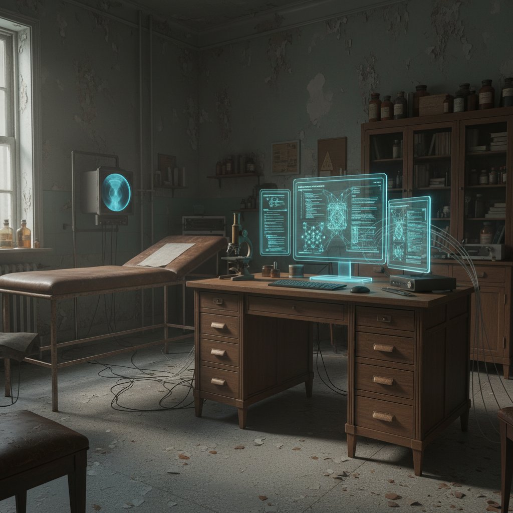 Stara sala testowa i nowoczesny komputer z kodem AI – kontrast tradycji i nowoczesności psychometrii