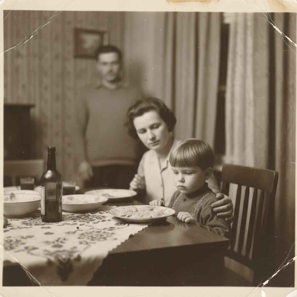 Stare zdjęcie rodzinne: ojciec oddalony od dziecka przy polskim stole, symbol obcości