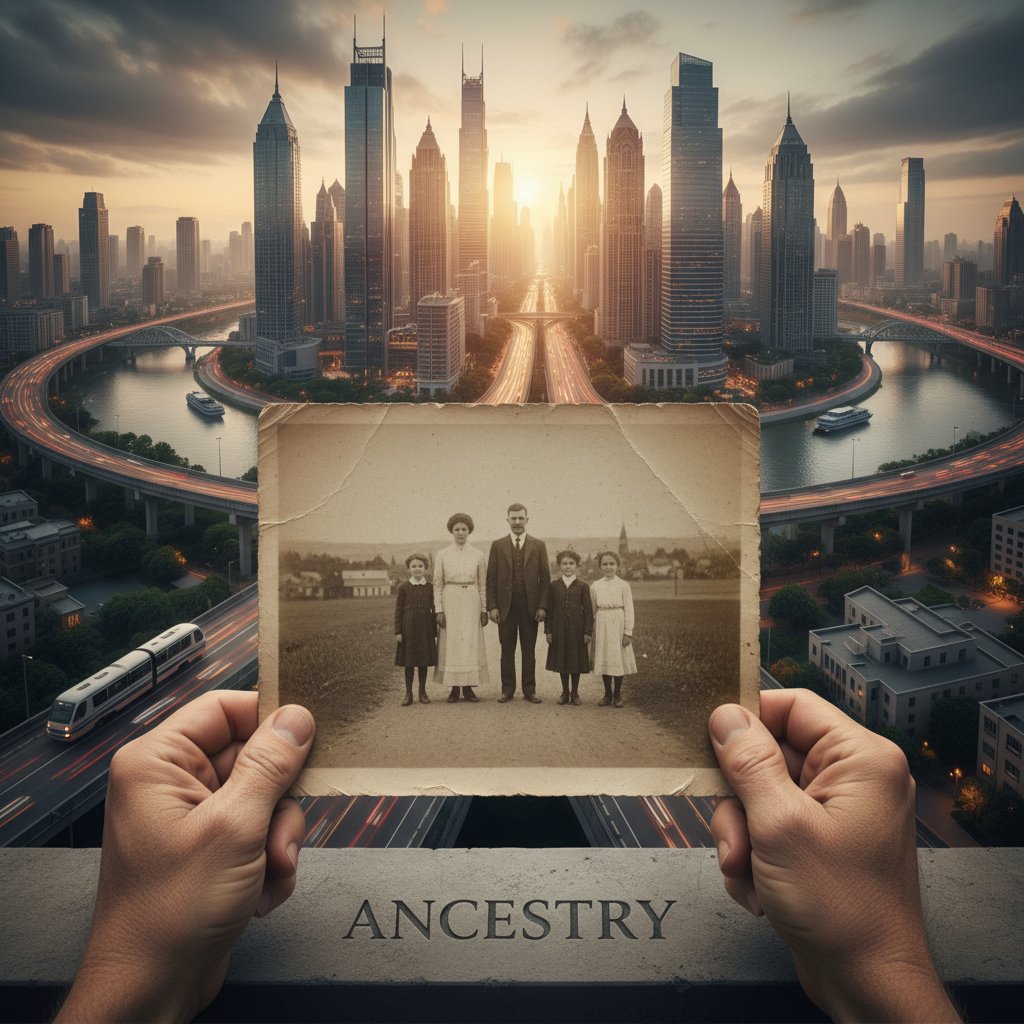 Torn ancestral photo overlaid on modern city, symbolizing past-meets-present.