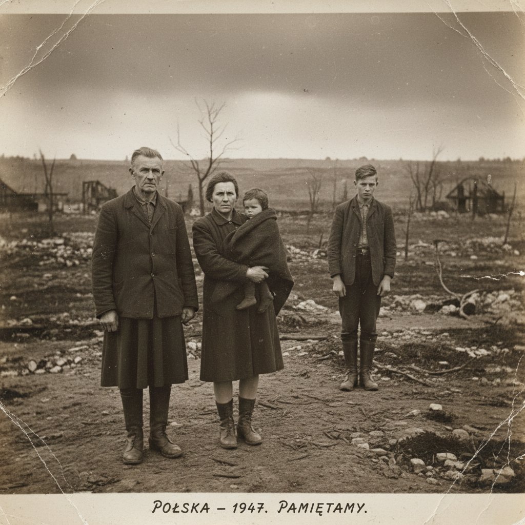 Stare zdjęcie rodzinne z polskim krajobrazem, symbol pokoleniowej traumy