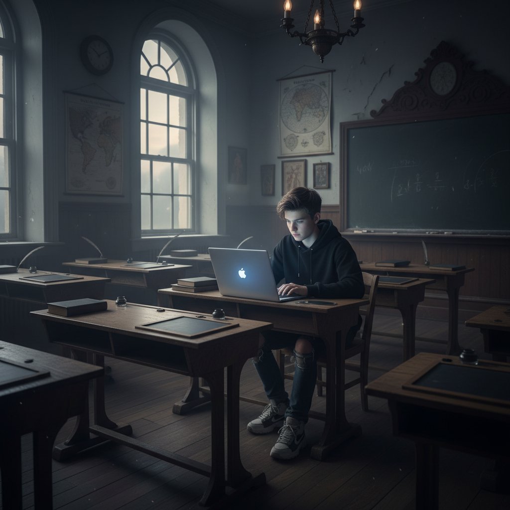 Tradycyjna klasa kontra nowoczesna nauka angielskiego online, polscy uczniowie przy laptopie i w klasie, klimat porównawczy, edukacja