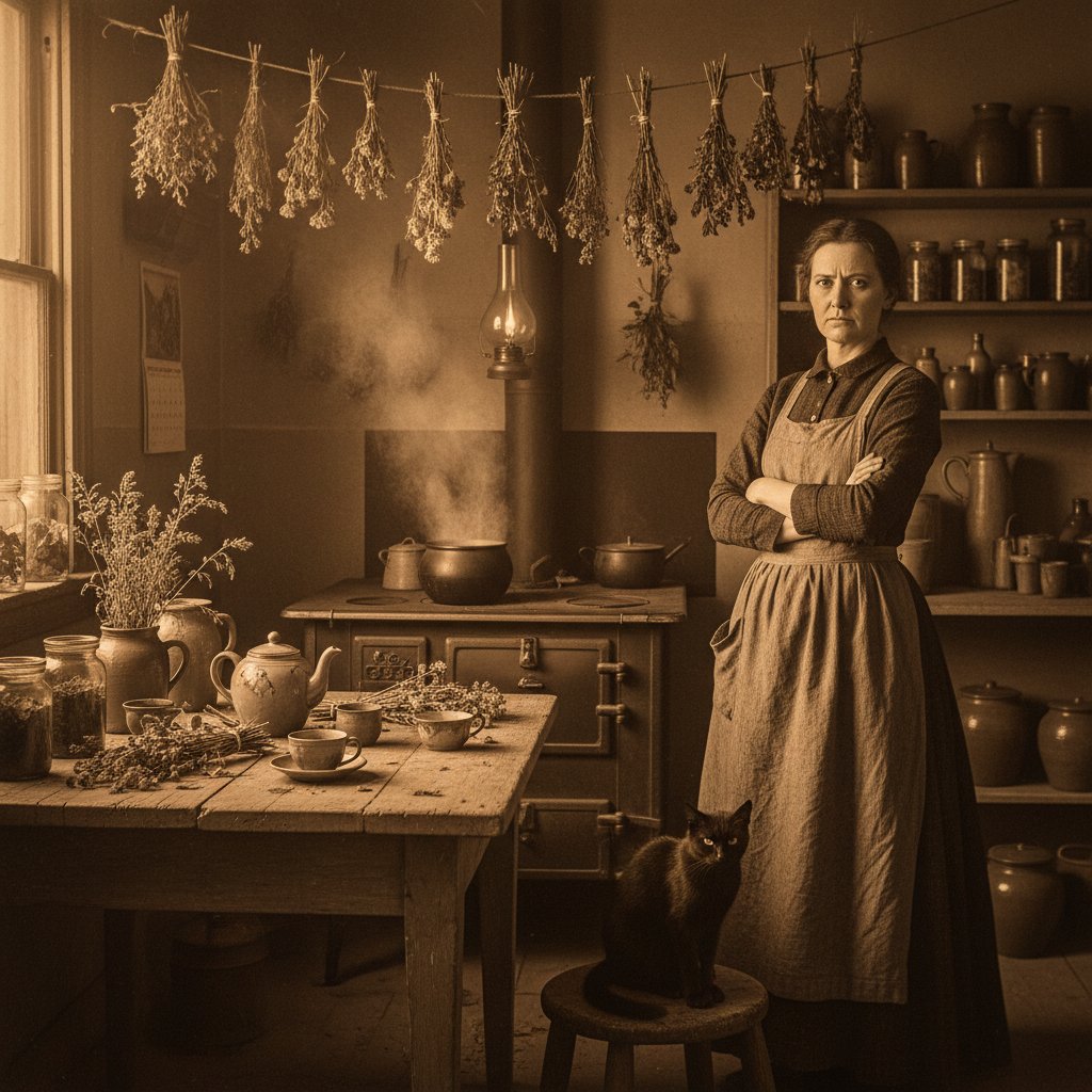 Stare wnętrze kuchni, zioła i herbaty – atmosfera sceptycyzmu wobec domowych metod na jęczmień