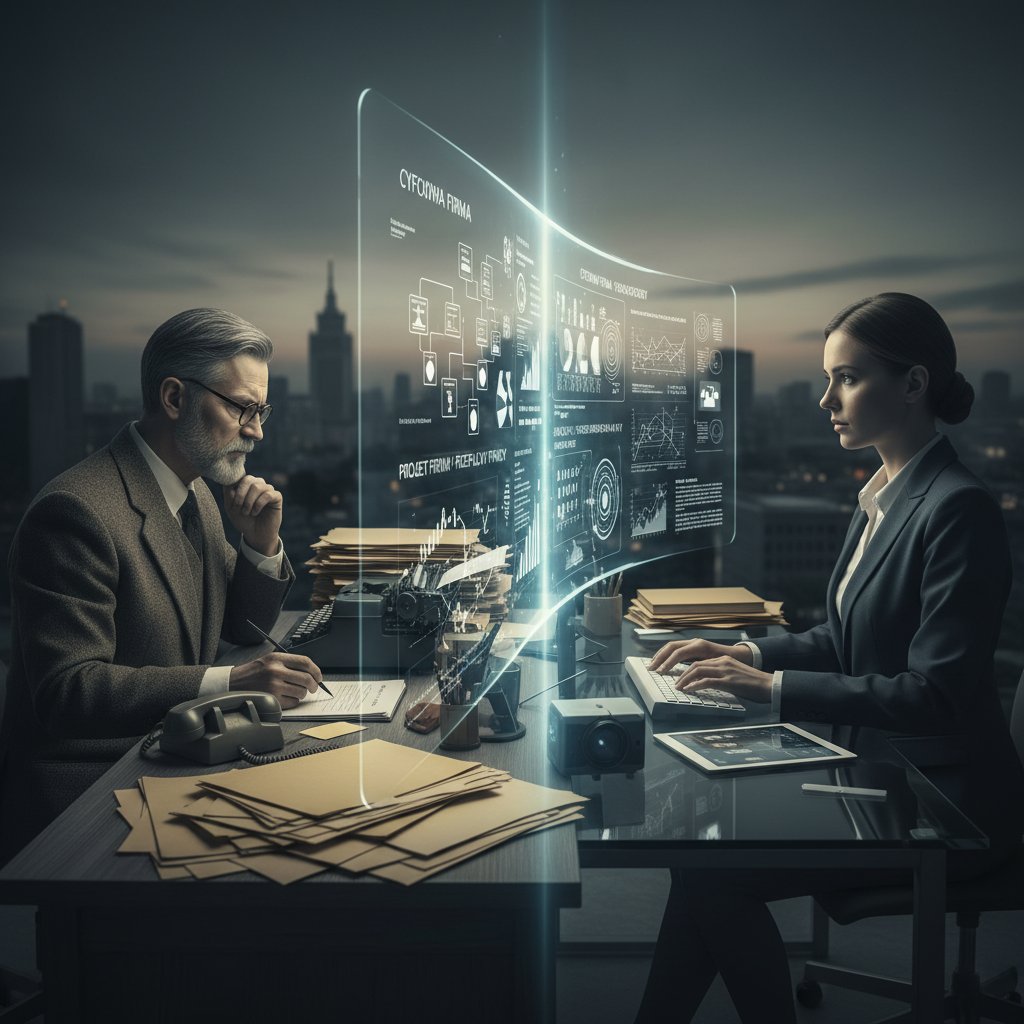 Archiwalne biuro pełne papierów przechodzące metamorfozę w nowoczesne środowisko pracy online, polski kontekst biznesowy, napięcie, zgaszone barwy