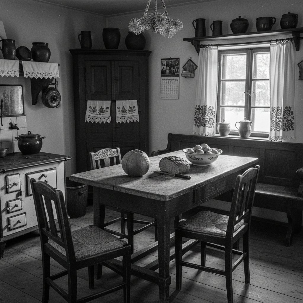 Stara polska kuchnia z kokosem na stole, archiwalny klimat, czarno-biała nostalgia