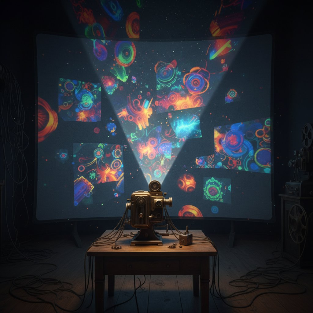 Old film projector with abstract visuals, experimental cinema history