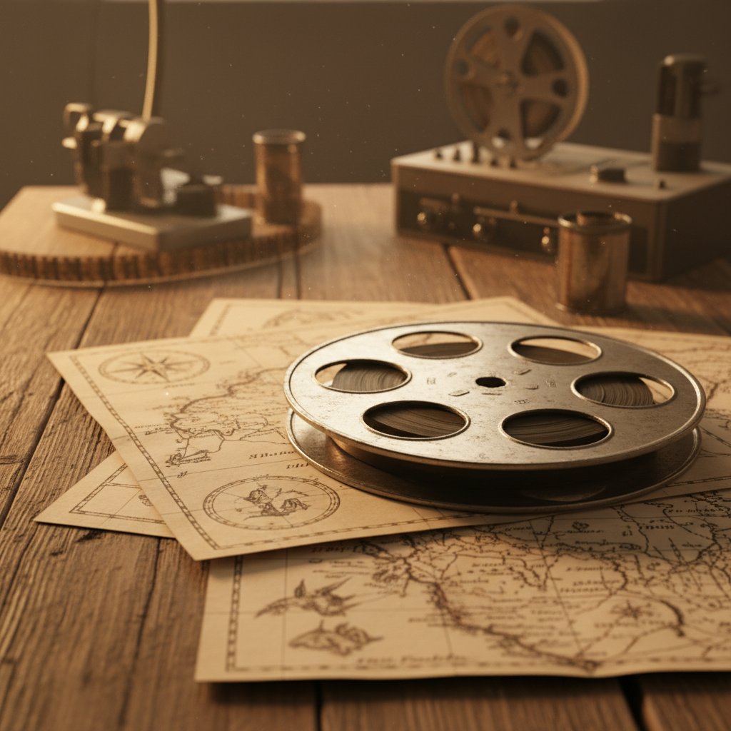 Old film reel and nautical maps on wooden table, vintage editing room