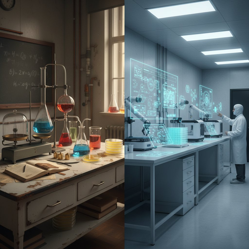 Archiwalne zdjęcie laboratorium chemii spożywczej z lat 80. obok nowoczesnego laboratorium cyfrowego