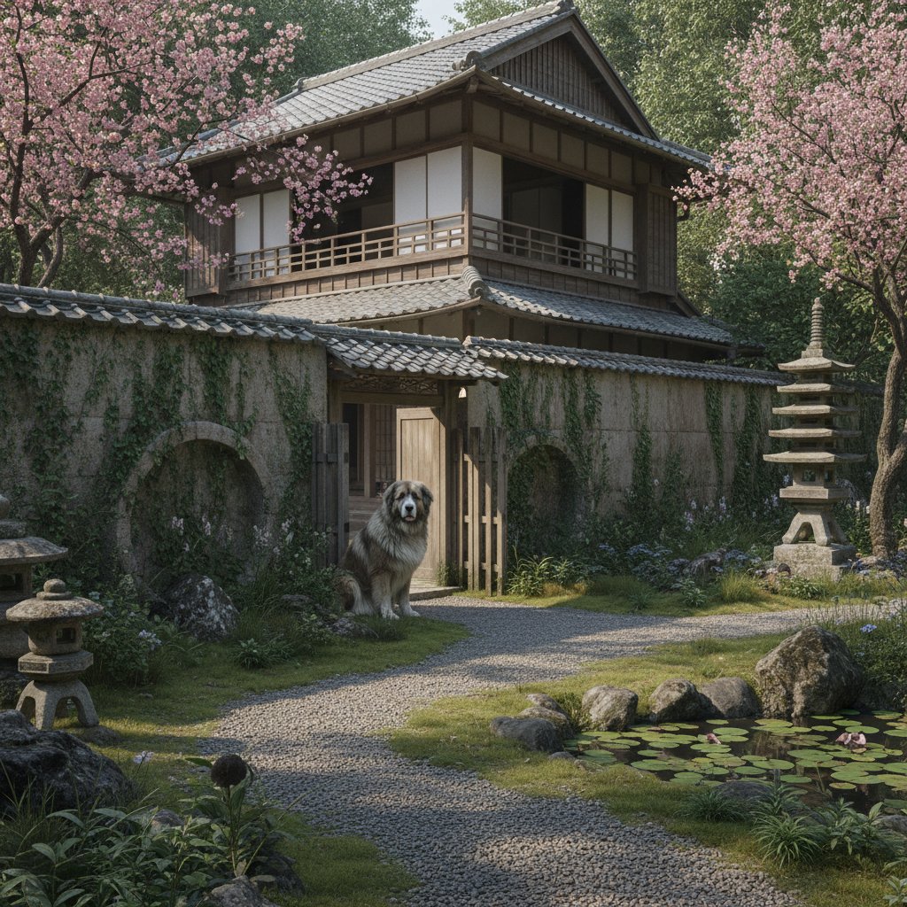 Starszy ogród z wysokim płotem i psem stróżującym, w tle klasyczny dom