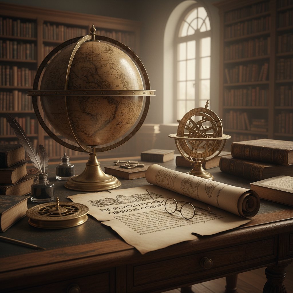 Stary globus i rękopis Kopernika na biurku w bibliotece