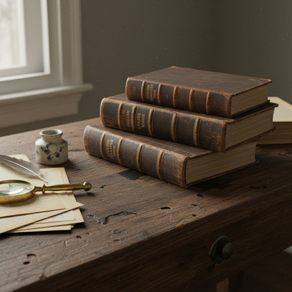 Stare podręczniki gramatyki na zniszczonym biurku – symbol przestarzałych metod nauki gramatyki