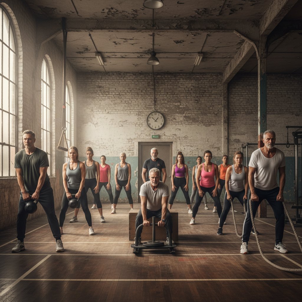 Grupa osób podczas obwodowego treningu fitness w starym stylu, z surowym wyposażeniem i determinacją na twarzy