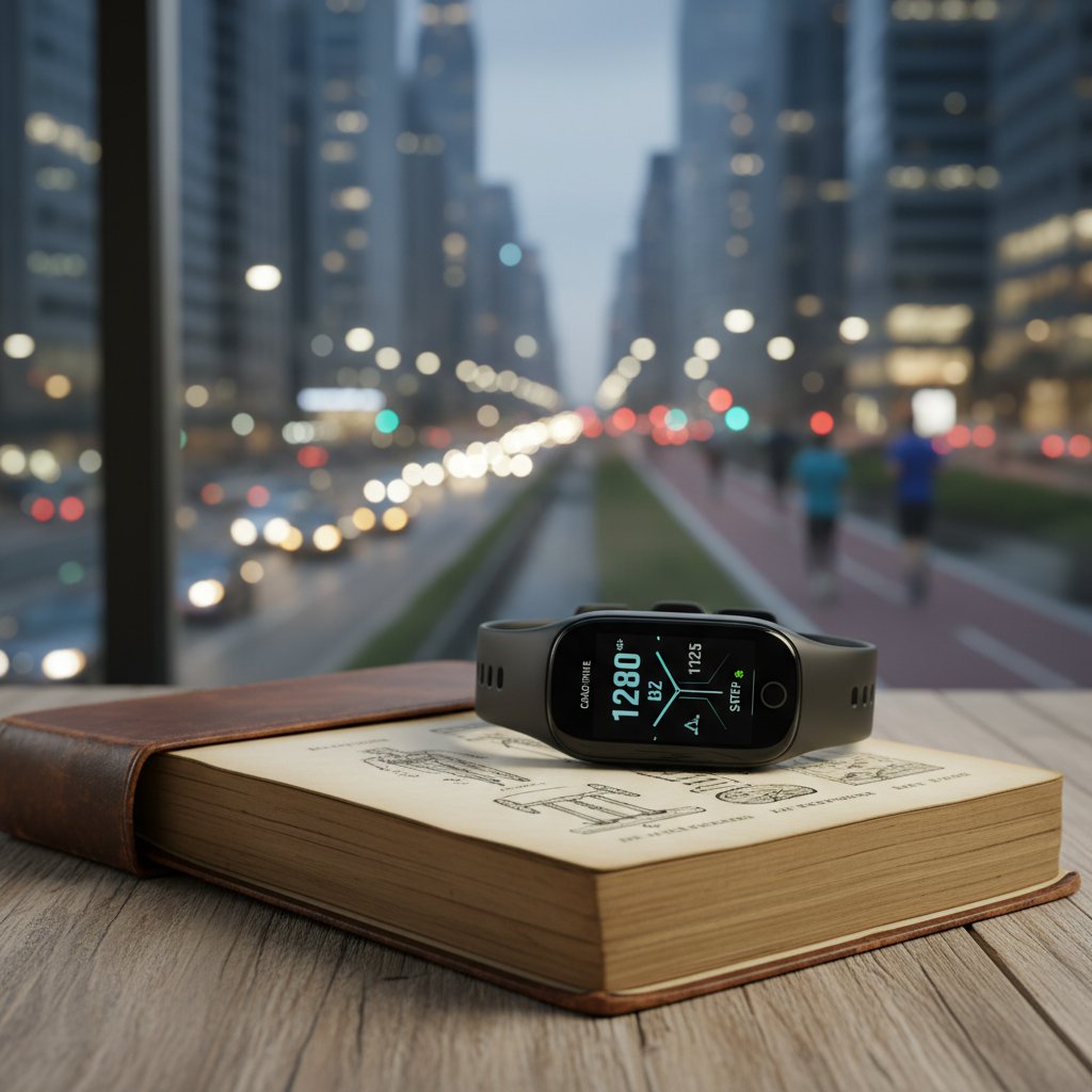 Stary podręcznik zdrowia i nowoczesny zegarek na tle miejskim – ewolucja podejścia do ruchu