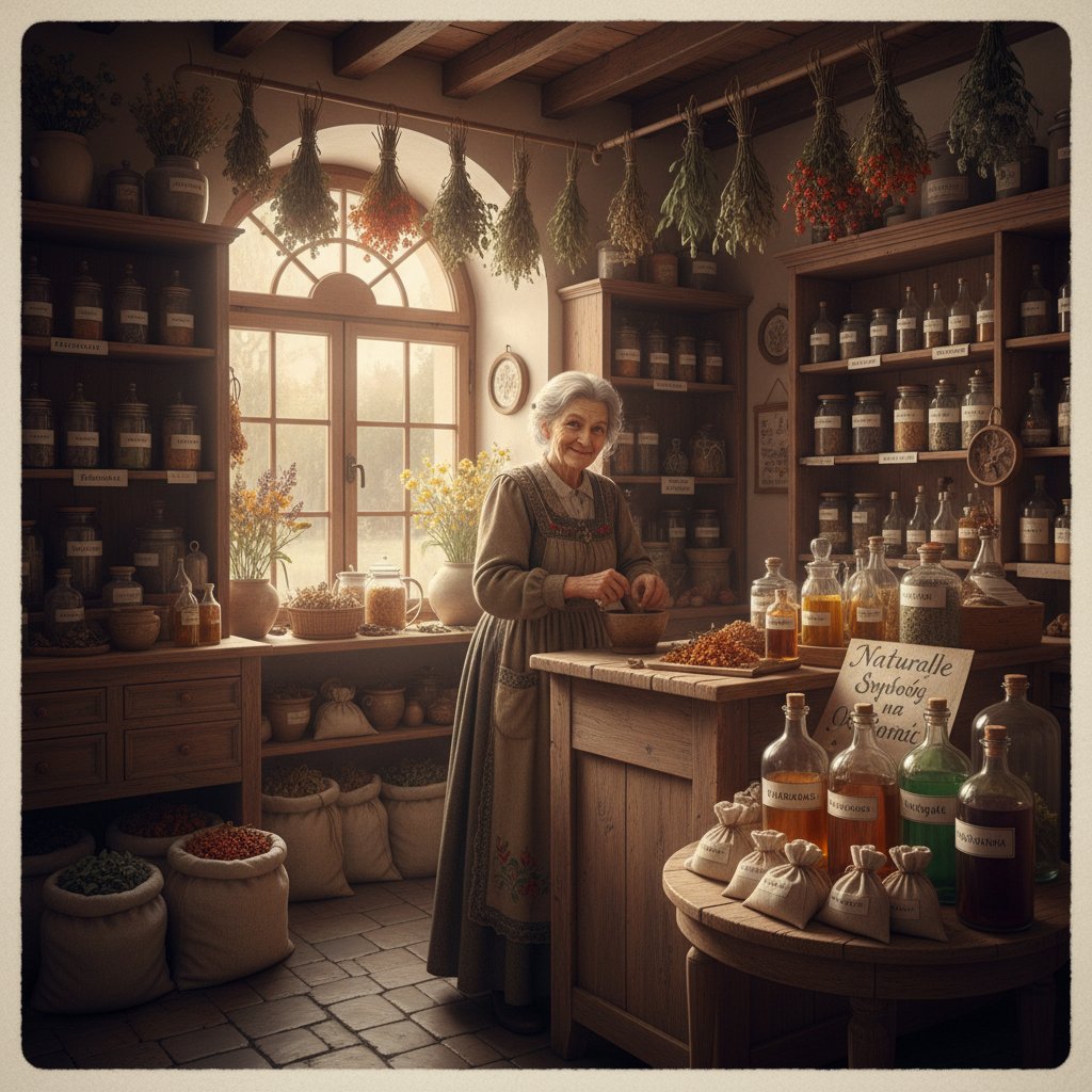 Staromodna apteka ziołowa w Polsce, półki pełne naturalnych środków na odporność