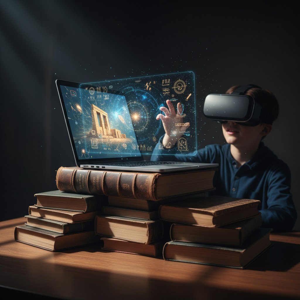 Stos starych podręczników i laptop z lekcją historii online symbolizuje starcie tradycji z rewolucją cyfrową