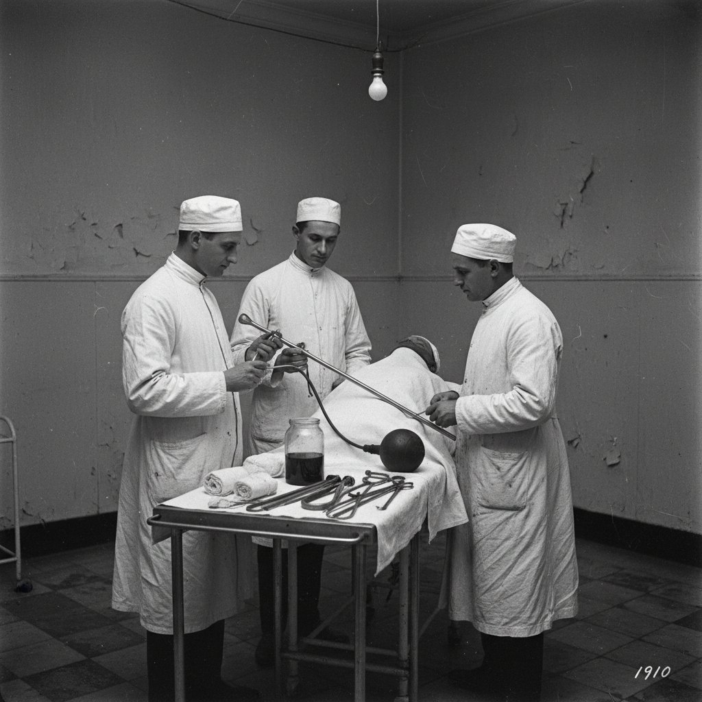 Czarno-białe zdjęcie rekonstrukcji szpitala z początku XX wieku, prymitywne narzędzia do intubacji