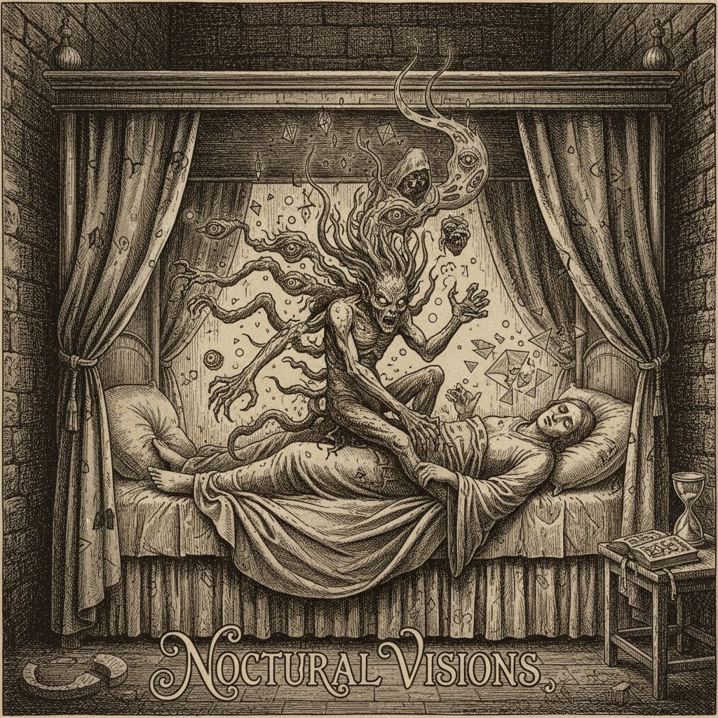 Stara ilustracja przedstawiająca zmorę siedzącą na klatce śpiącej osoby, klimat grozy i tajemnicy, halucynacje hipnagogiczne