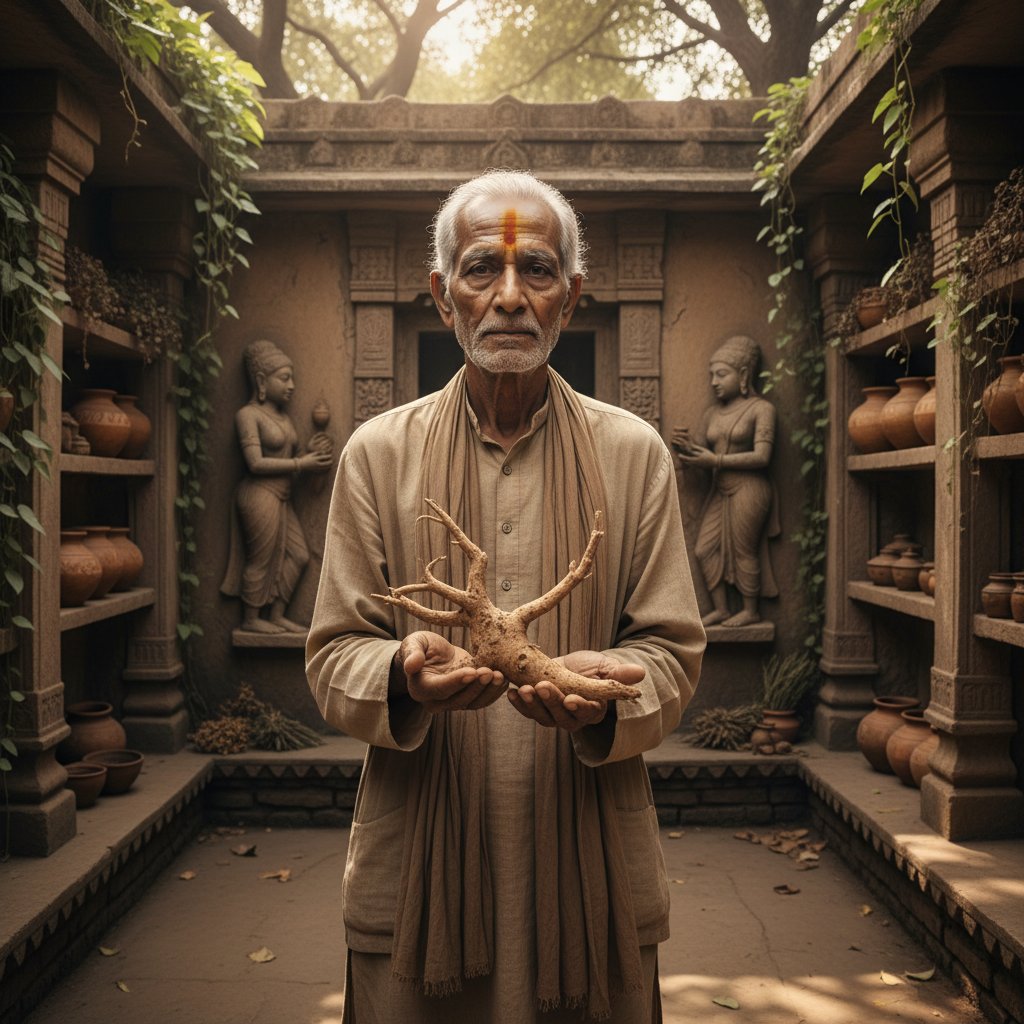 Stary indyjski zielarz trzymający korzeń ashwagandhy, podkreślający historyczne znaczenie rośliny