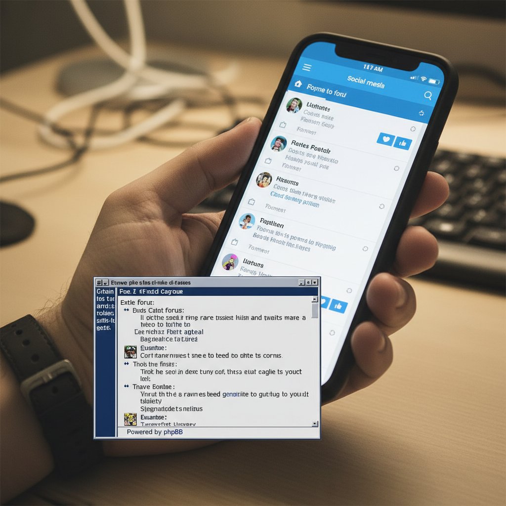 Stare forum internetowe kontra nowoczesna aplikacja mobilna symbolizujące ewolucję trollingu