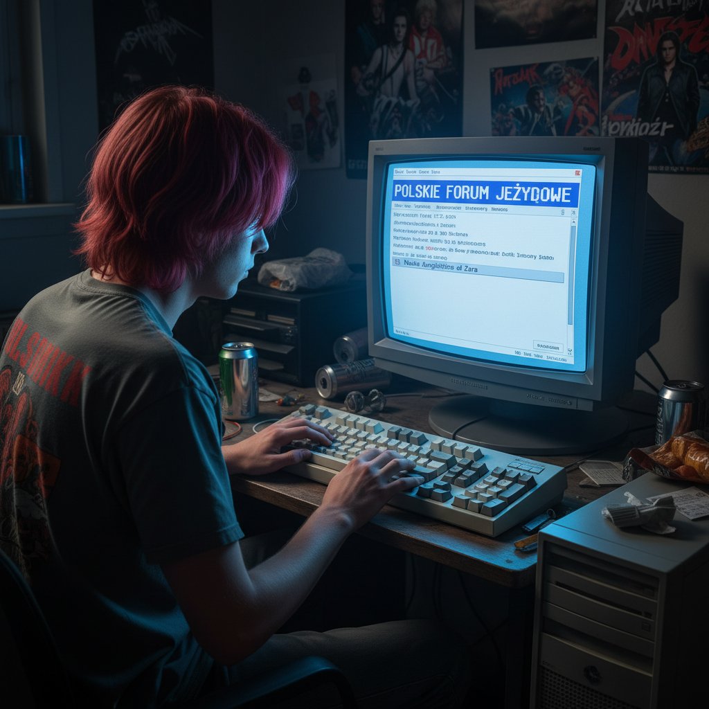 Stara klawiatura i monitor CRT, młody Polak na forum językowym, klimat wczesnych lat 2000
