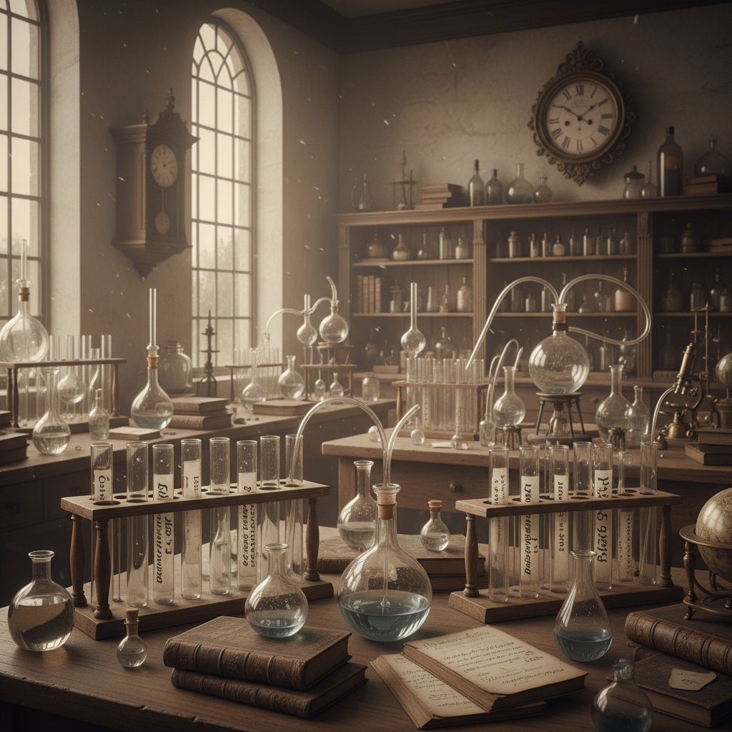 Stare laboratorium chemiczne, fiolki, ręcznie pisane etykiety, historyczna atmosfera