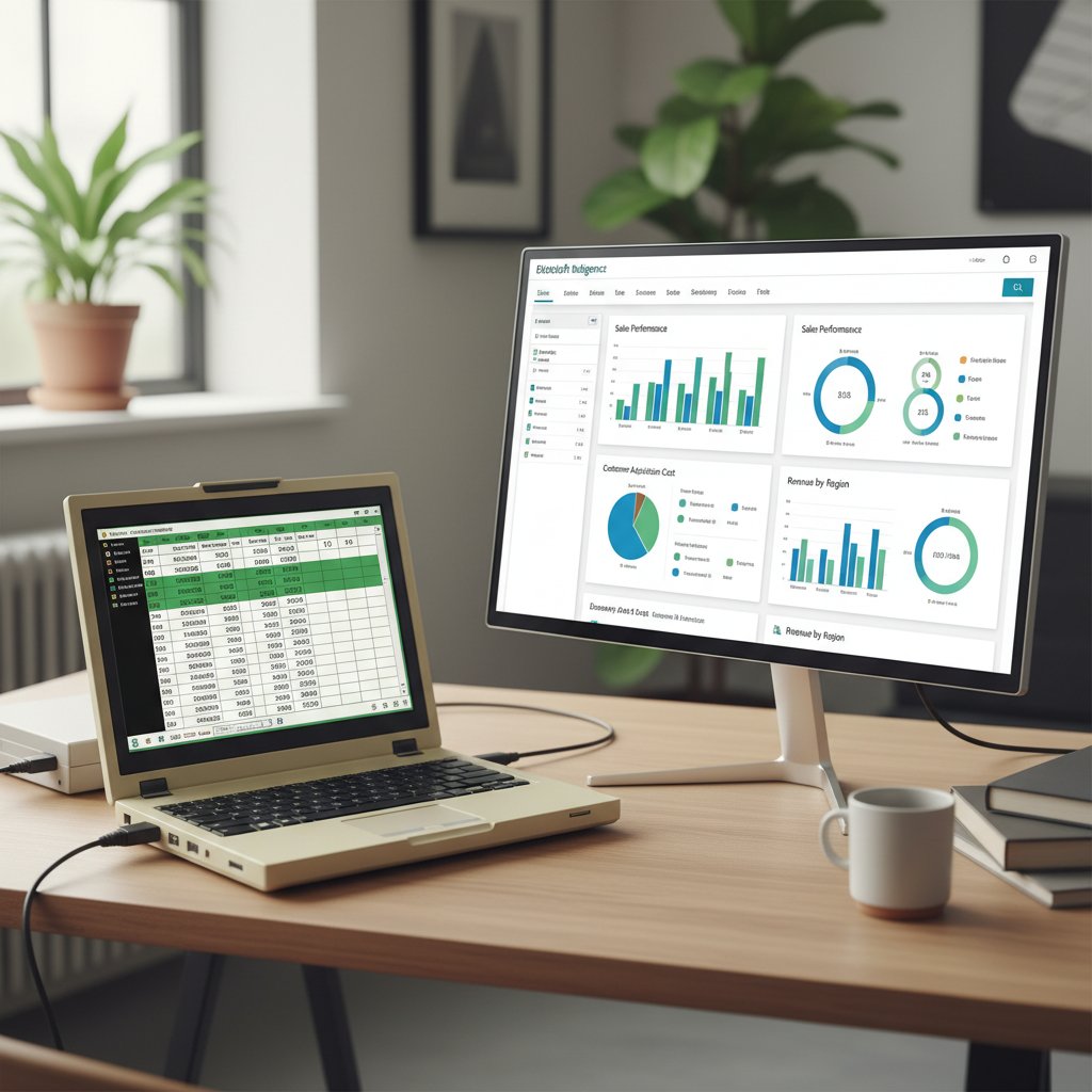 Stary laptop z otwartym Excelem obok nowoczesnego monitora z dynamicznym dashboardem BI, zestawienie tradycji i nowoczesności