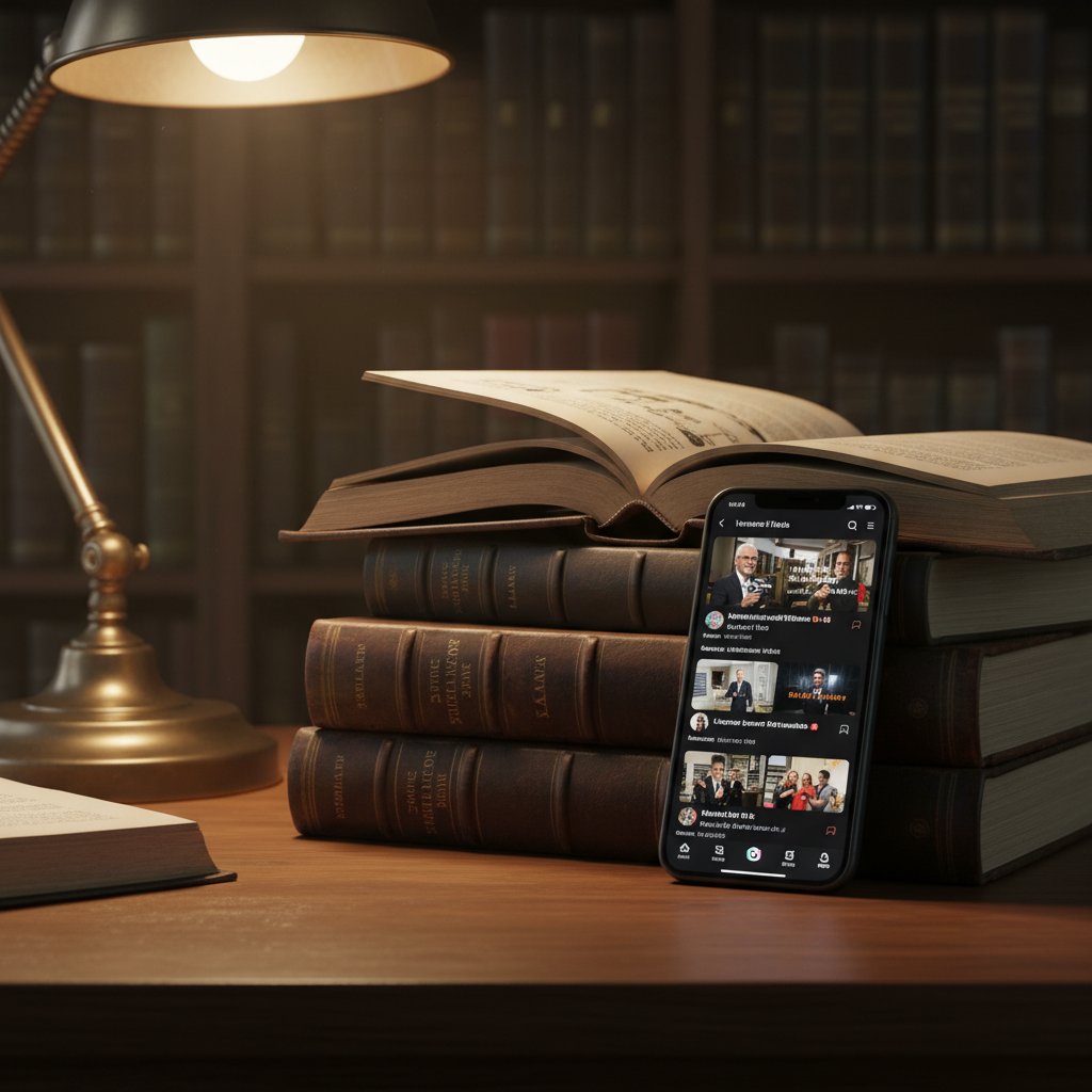 Stare podręczniki prawnicze obok smartfona z aplikacją TikTok pokazującą prawo