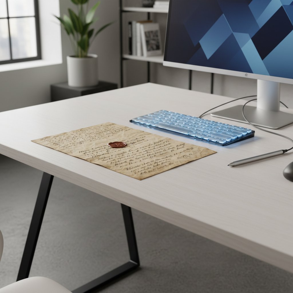 Stara i nowoczesna wersja listu motywacyjnego, biurko z dokumentami i laptopem