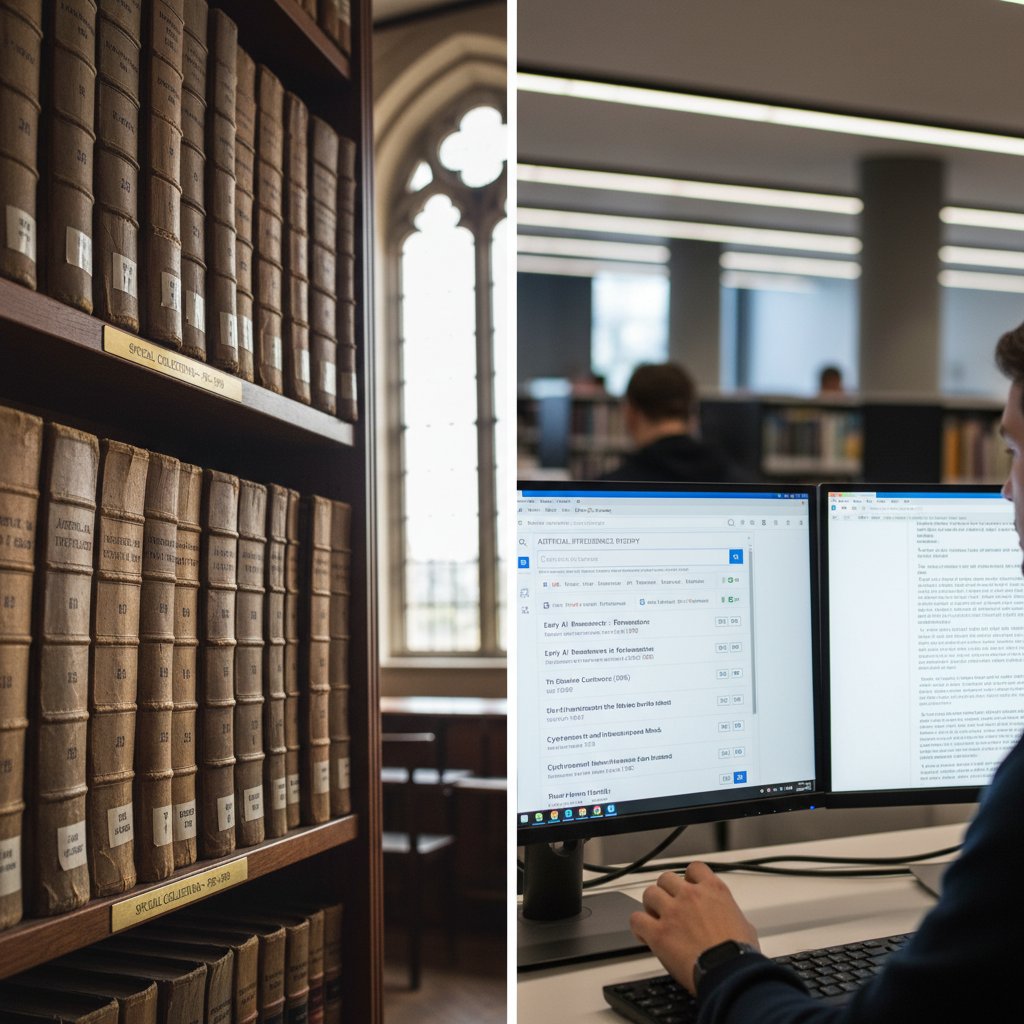 Historical transition from print journals to digital academic databases, showing old journals stacked beside glowing screens with database icons. Digital academic research databases evolution.
