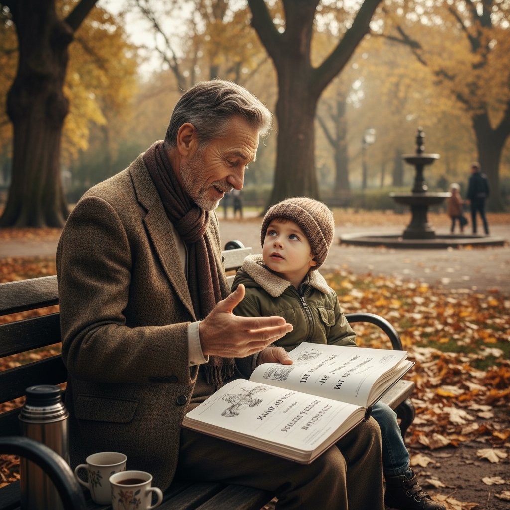 Starszy mężczyzna rozmawiający z dzieckiem w parku, obok notatnik z cytatami filozoficznymi