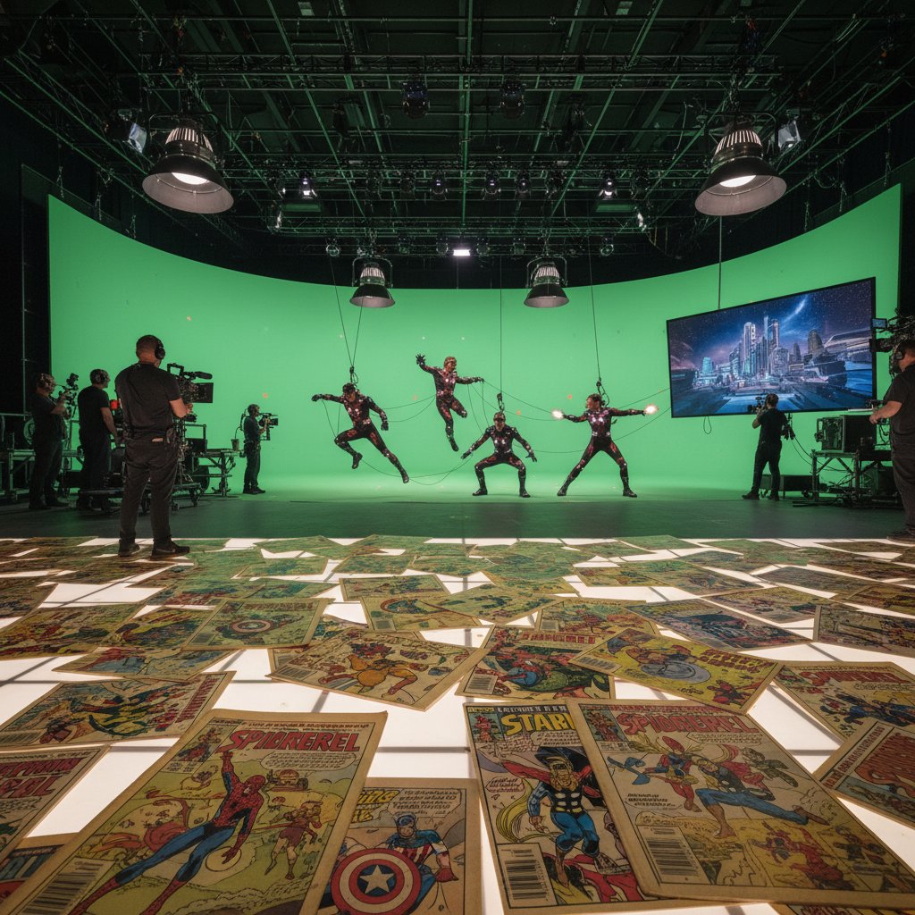 Collage showing retro Marvel comics beside a modern Marvel movie set with actors and green screens