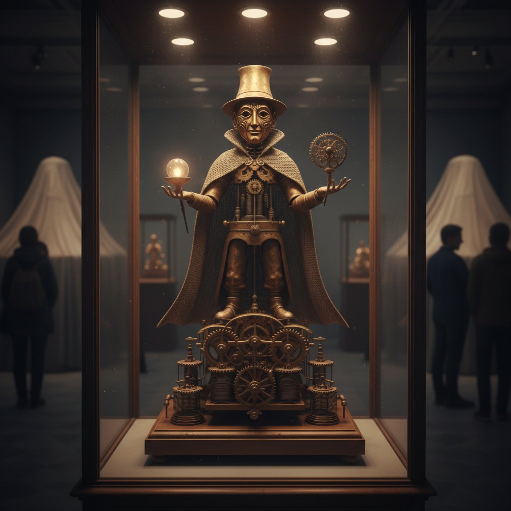 Stare automaty mechaniczne z XIX wieku pokazane w muzeum techniki, przyciemnione światło