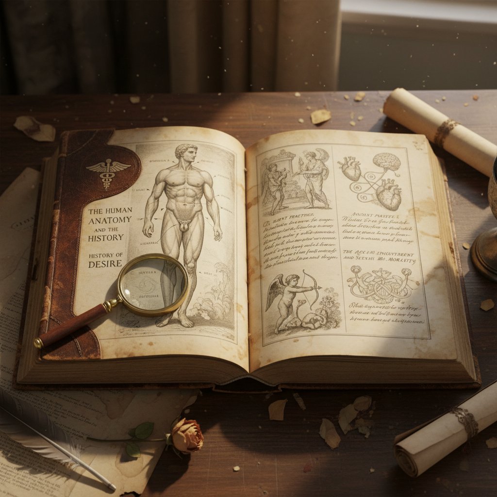 Stara książka medyczna, ilustracja męskiego ciała, zmiany narracji o seksualności