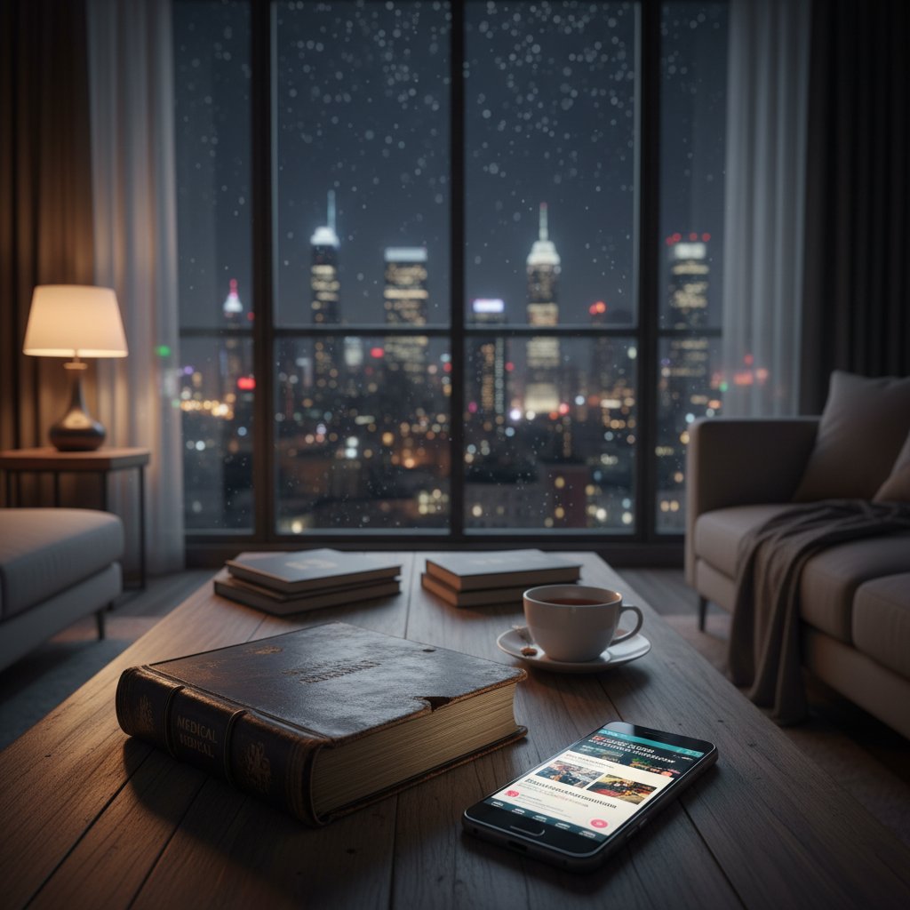 Zbliżenie na ekran smartfona, na którym wyświetla się artykuł o zdrowiu, obok leży stara książka medyczna