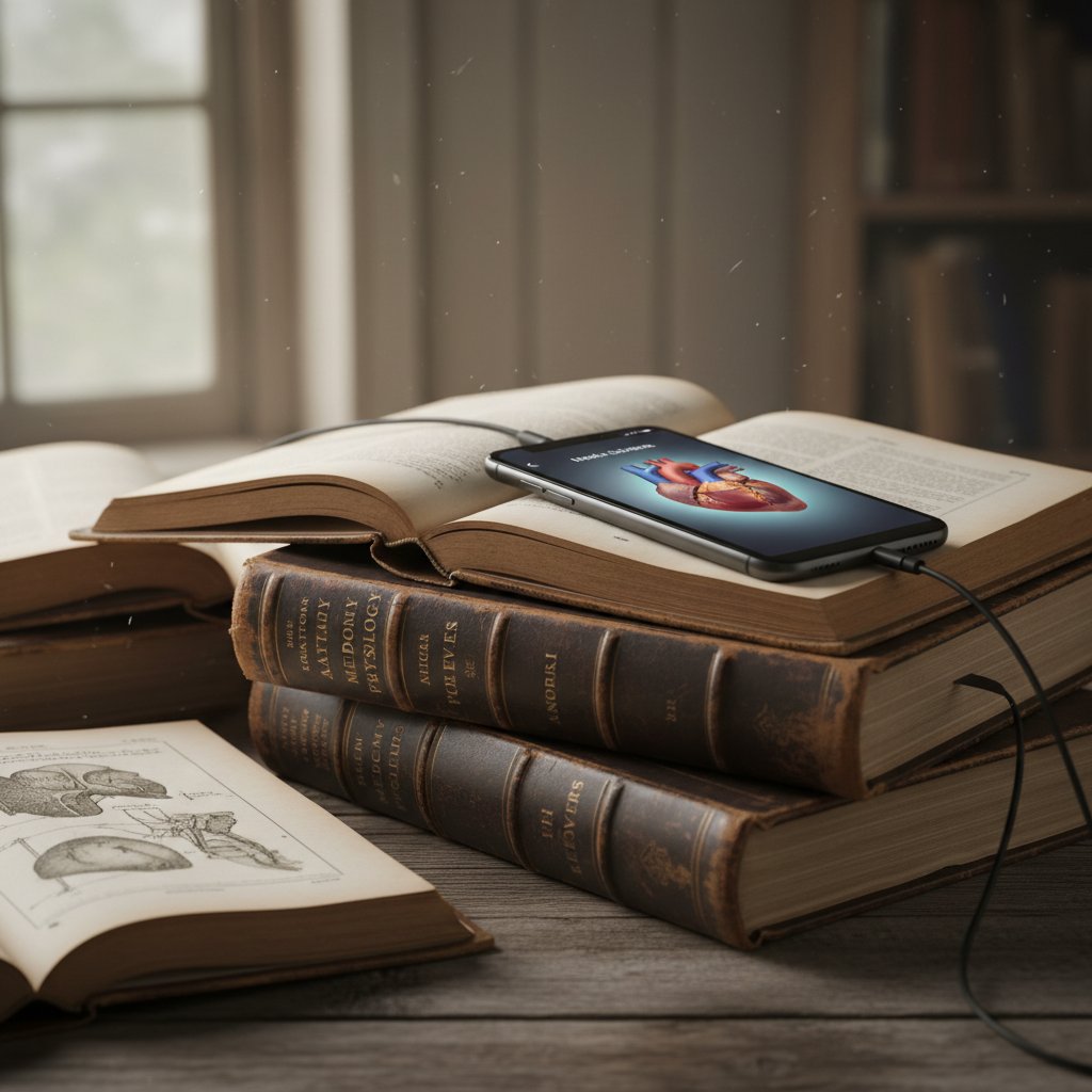Stare medyczne księgi i nowoczesny smartfon – zderzenie tradycji i nowoczesności, blokady energetyczne