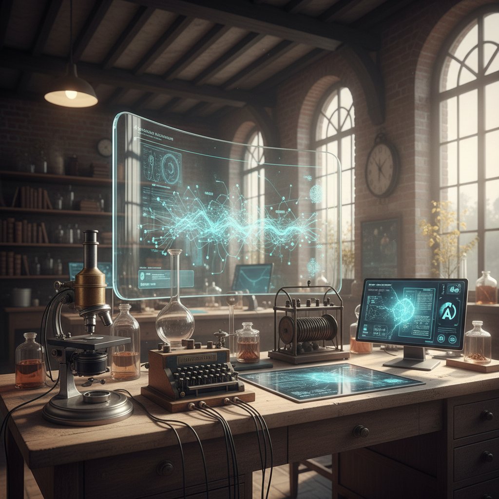 Stare urządzenia medyczne obok nowoczesnego interfejsu AI w laboratorium, symbolizujące ewolucję kardiowerstera