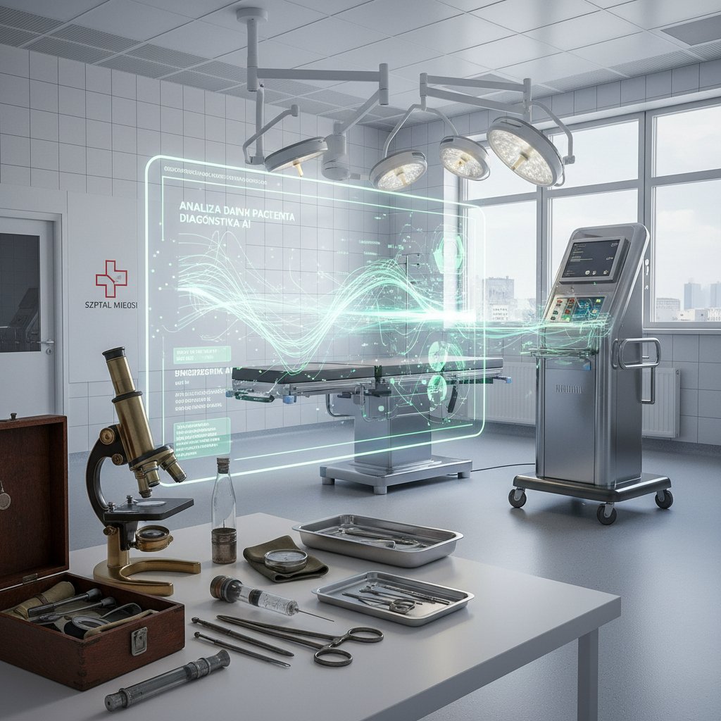 Kontrast dawnych urządzeń medycznych z nowoczesnym AI w polskim szpitalu