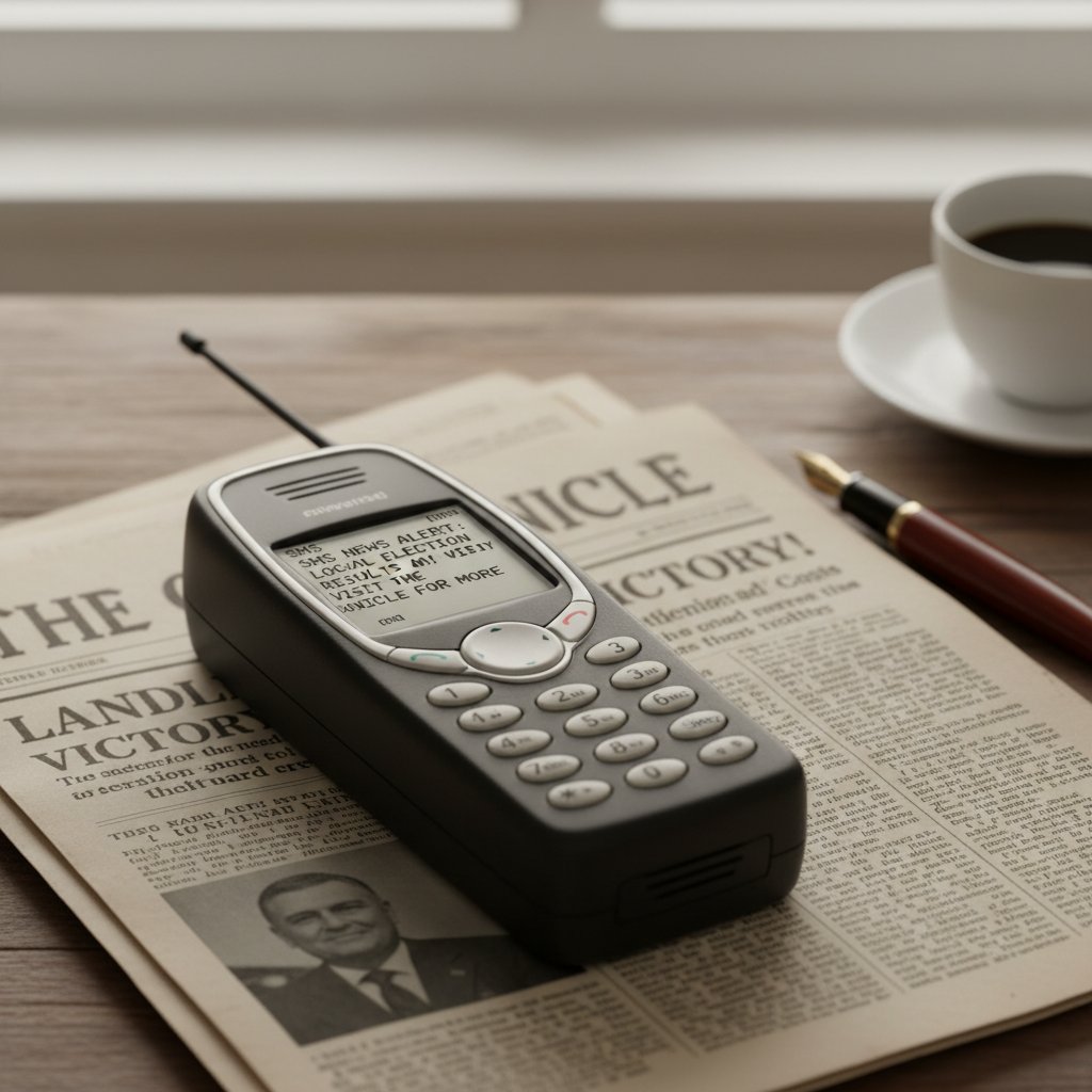 Starszy model telefonu komórkowego z wyświetlonym SMS-em newsowym, leżący na gazecie