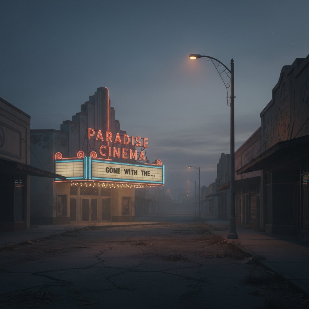 Evocative photo of an old movie theater in a deserted small town, lights half-lit, atmosphere moody
