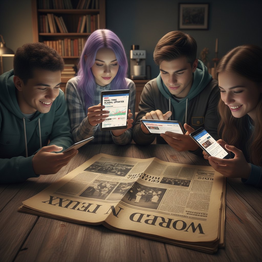 Stara gazeta porzucona na ławce, w tle młodzi ludzie przeglądający wiadomości na smartfonach