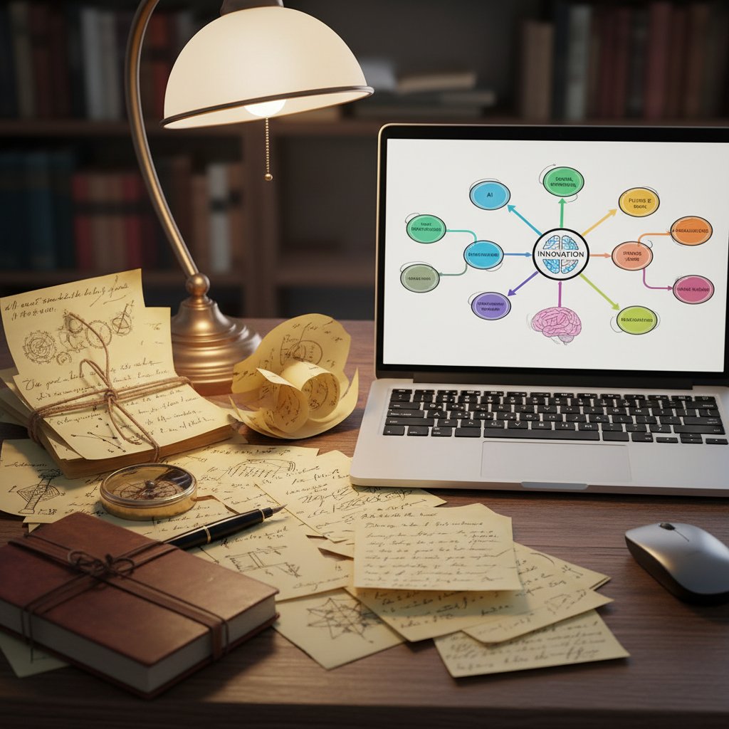 Stare notatki obok laptopa z kolorową mapą myśli online, kontrast światów papieru i cyfryzacji