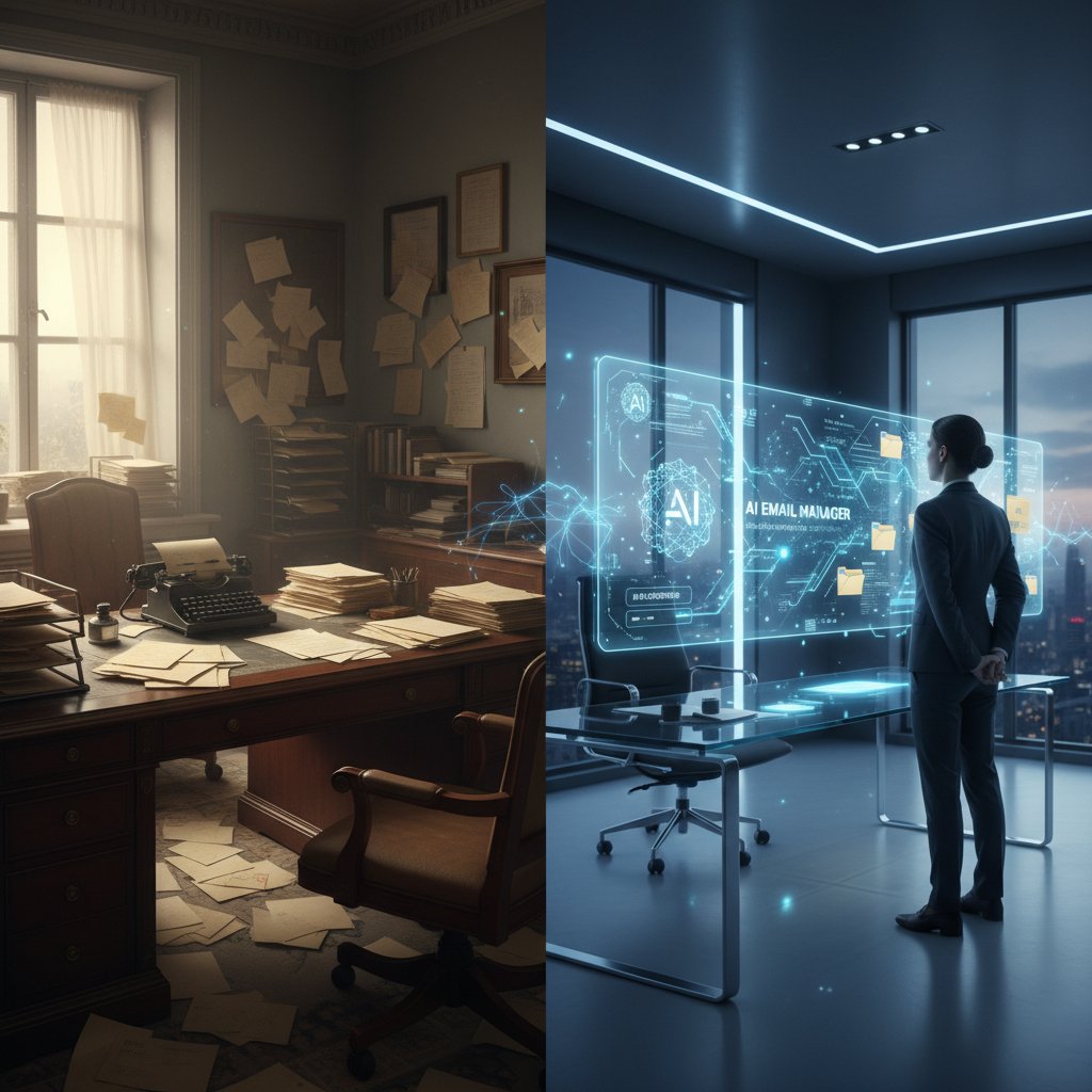 Stare biuro z listami i nowoczesne biuro z AI zarządzającym skrzynką email