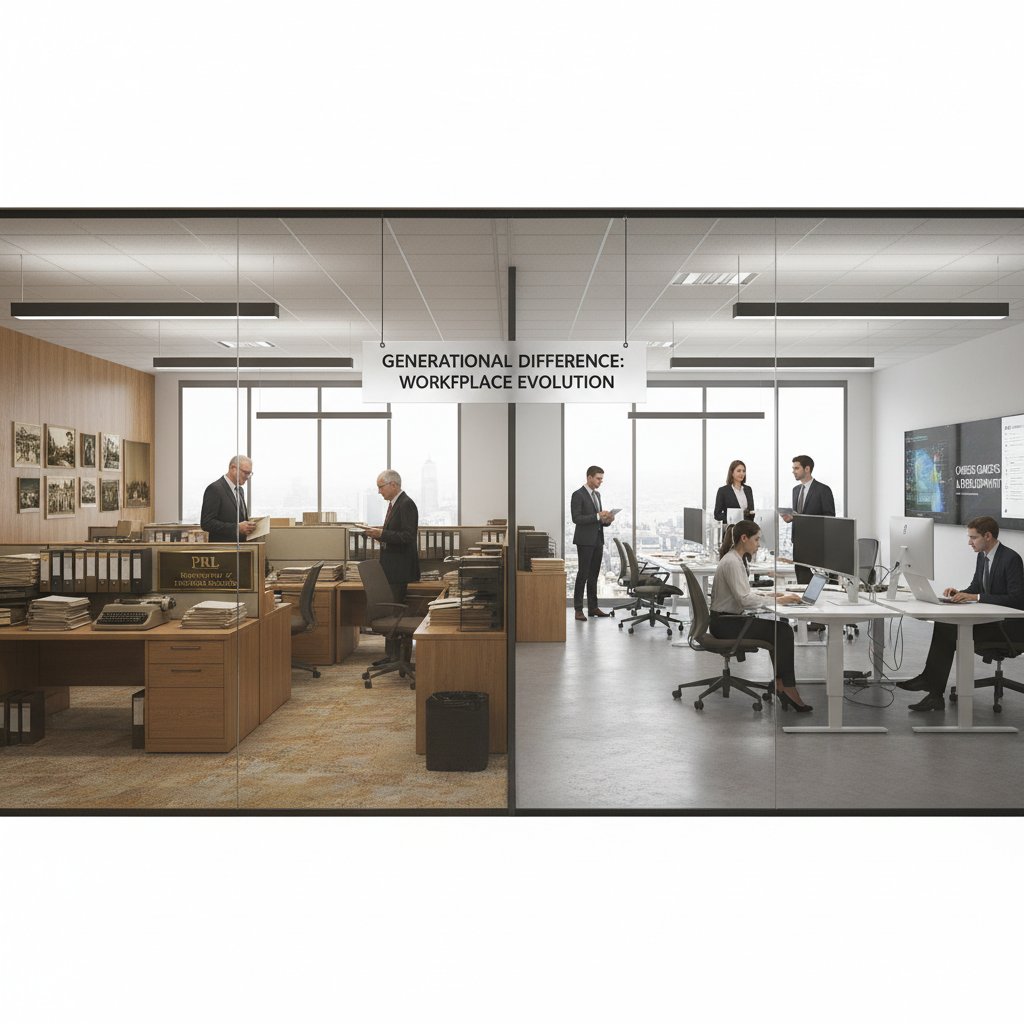 Archiwalne zdjęcie biura PRL, zestawione z nowoczesnym open space, kontrastujące pokolenia pracowników