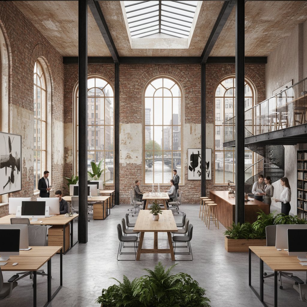 Stary biurowiec z PRL, mural z hasłem, współczesne biuro open space i smartfony