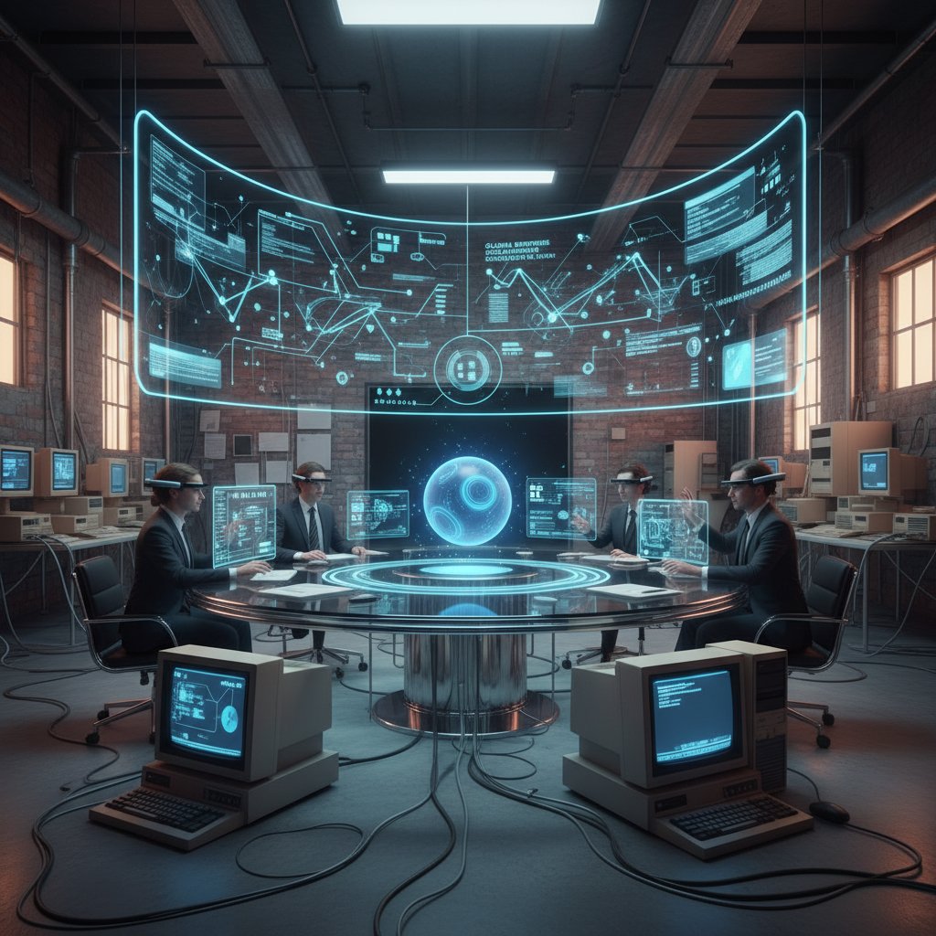 Contrasting old and new collaboration tools in the enterprise workspace, featuring early 2000s computers beside futuristic AI interfaces.