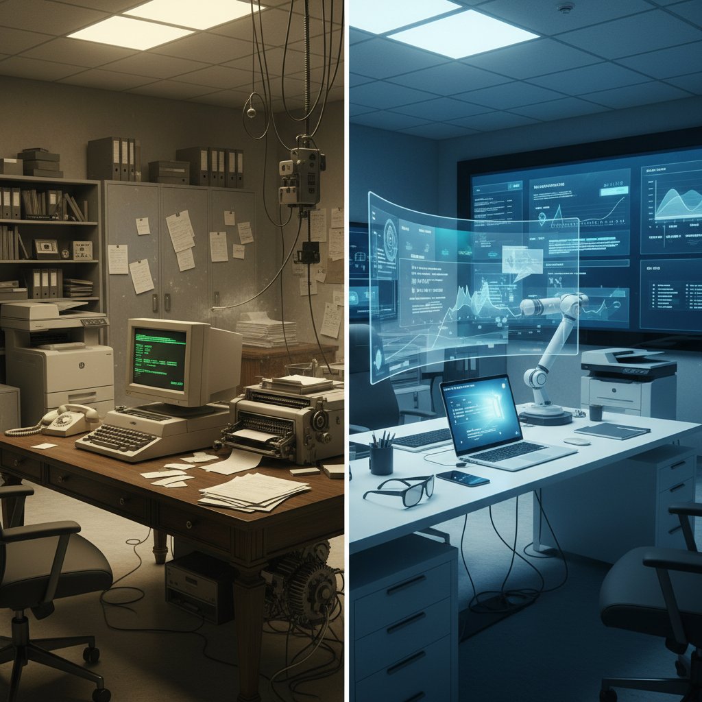 Historyczne porównanie technologii biurowych: stare komputery obok nowoczesnego laptopa i smartfona, na biurku z papierami