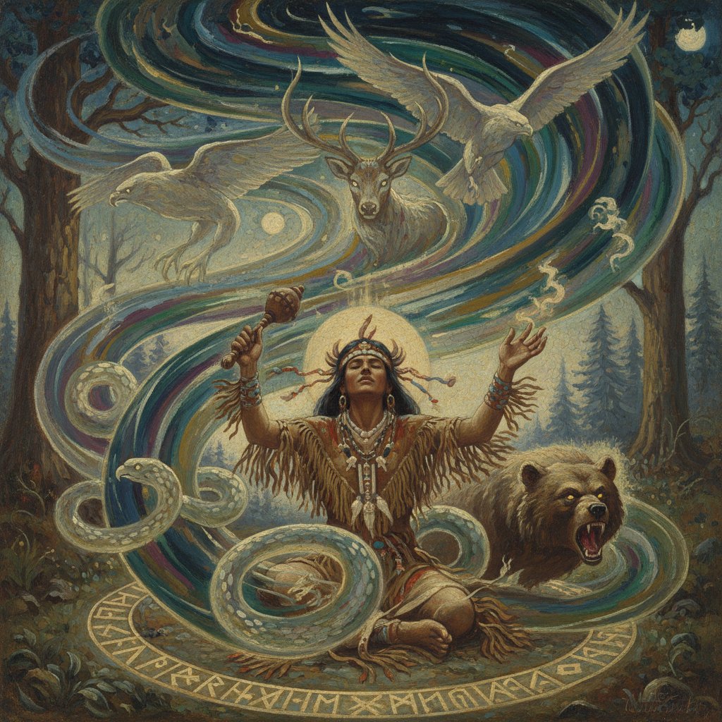 Szaman w transie, otoczony wizjami i symbolami